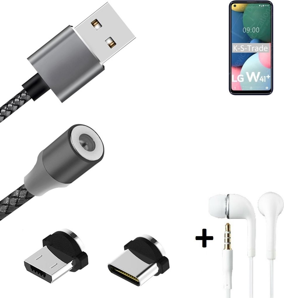 K-S-Trade Hochwertiges Magnet-Lade-kabel Sync-Kabel Daten-Kabel + Kopfhörer kompatibel mit LG Electronics W41 Plus mit USB-Typ-C-Anschluss und