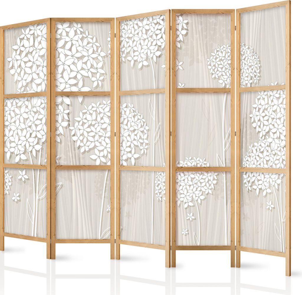 Paravent XXL 225x171 cm 5-teilig einseitig eleganter Sichtschutz Raumteiler Trennwand Raumtrenner Holz Design Motiv Deko Home Office cremig filigra...