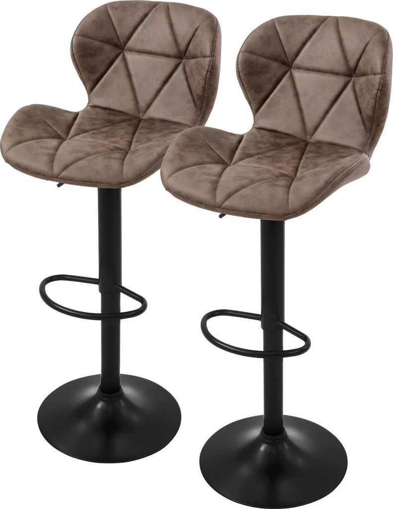 Two brown upholstered bar stools with black bases and footrests are shown against a white background.