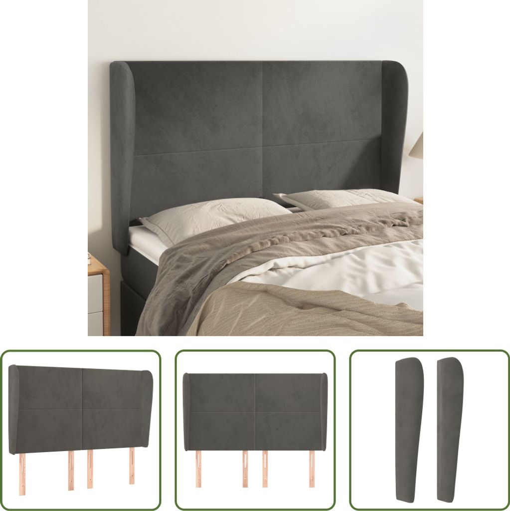 The Living Store Kopfteil mit Ohren Dunkelgrau 147x23x118/128 cm Samt