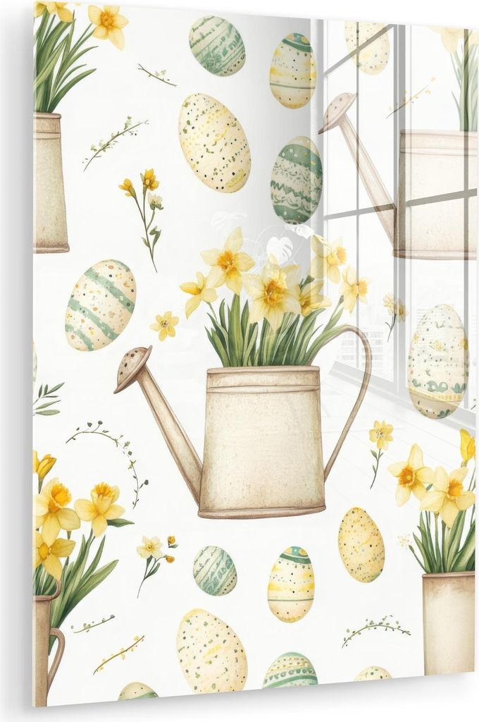 MuchoWow Glasbilder - Bilder auf Wandbild - Foto auf Glas Gießkanne - Blumen - Eier 60x80 cm Wanddekoration aus Glas - Acrylglasbild - Acrylbilder...
