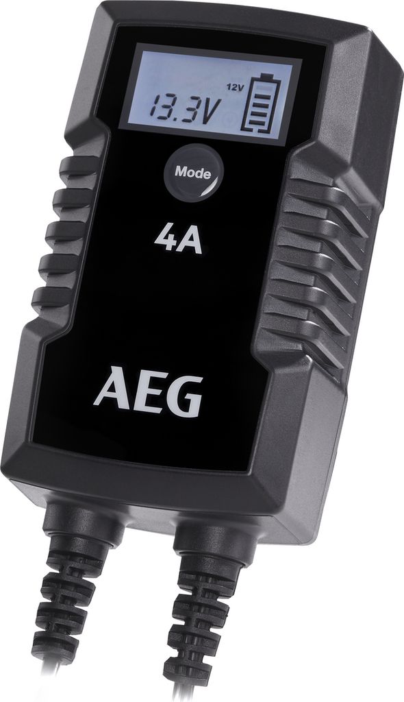 A black battery charger with a digital display and brand logo.