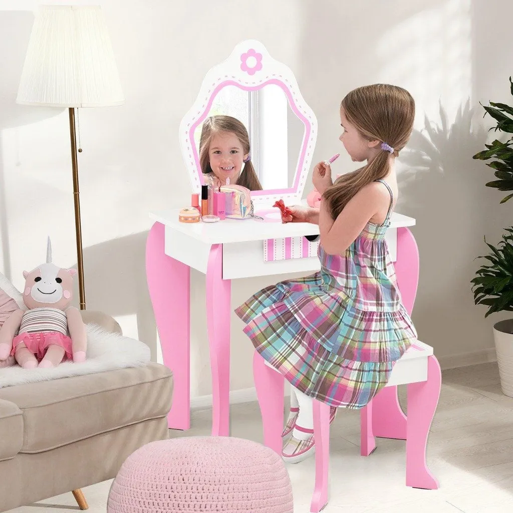 Coiffeuse enfant bois rose avec grand miroir et tiroir de courtoisie