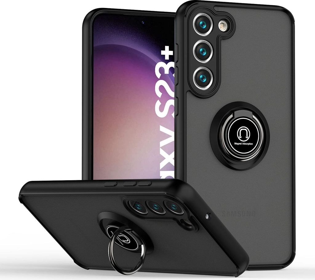 Samsung S23+ Hülle, Ring Halter Ständer Matte Transluzent TPU Rahmen Stoßfest Schutzhülle für Samsung Galaxy S23+ Schwarz