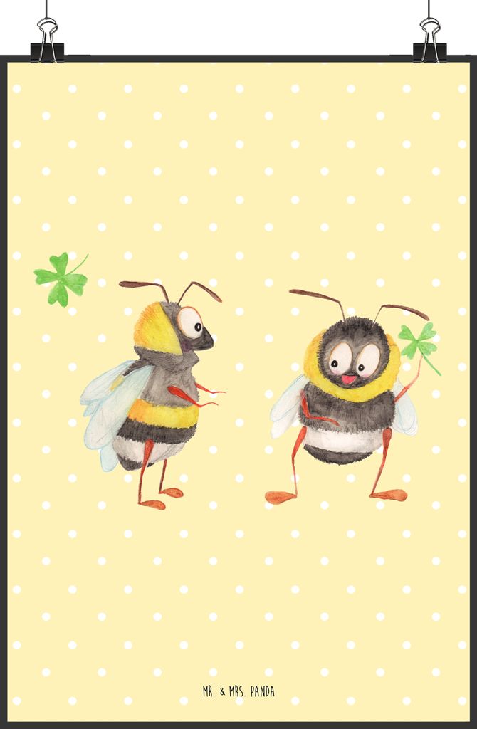 Mr. & Mrs. Panda Bild Hummeln Kleeblatt DIN A2 - Gelb Pastell - Geschenk, Biene Deko, drucke, Spruch Positiv, Hummel, Fröhlich, glücklich sein, K...