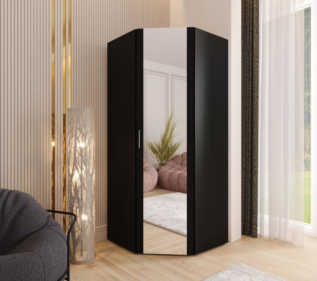 Eckkleiderschrank 192x80x46 cm Schwarz mit Spiegel – Moderner Kleiderschrank mit viel Stauraum für Schlafzimmer und Flur