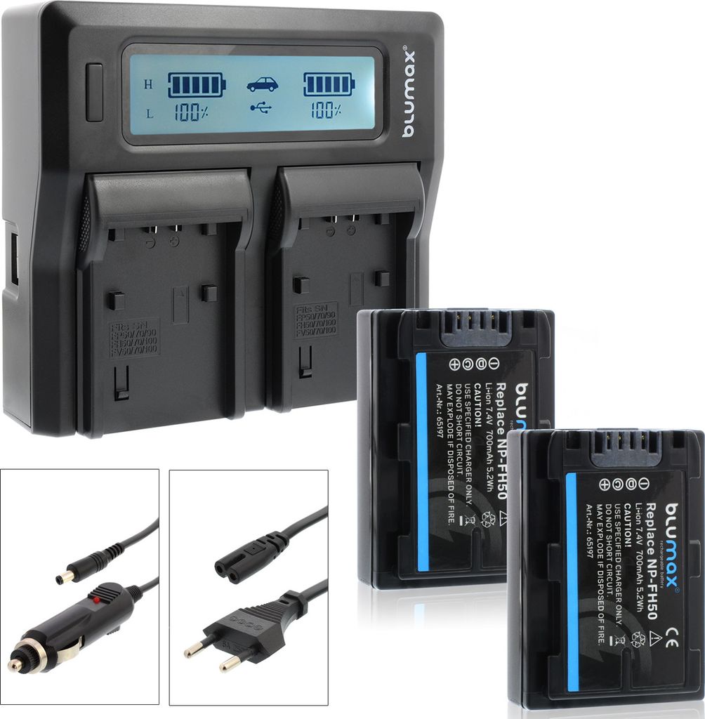 2x Akku + Lader für Sony NP-FH50 NP-FH60 NP-FH70 NP-FH100 Alpha A390 700 mAh