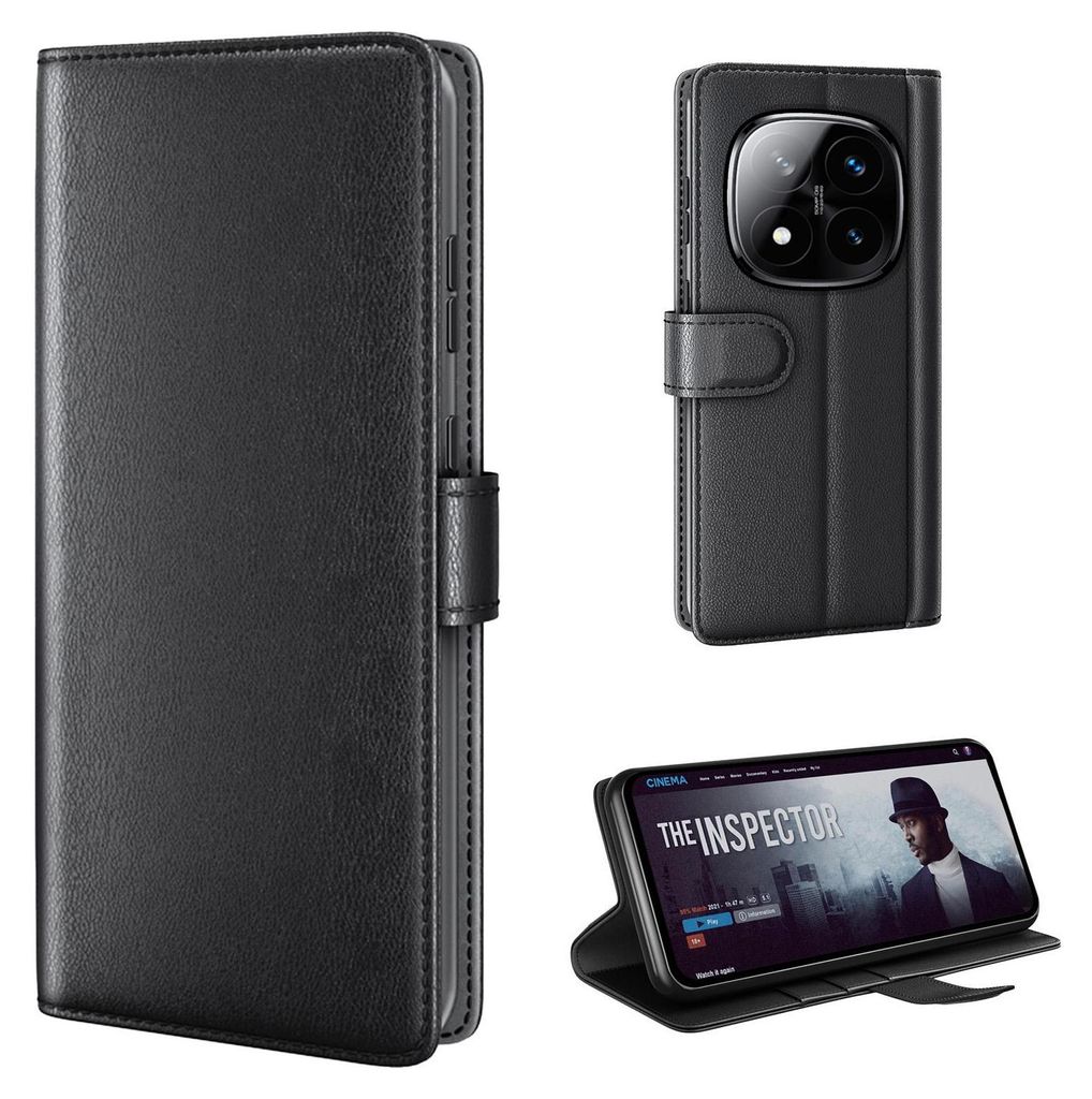 A collage of images showing a black leather flip phone case for a Xiaomi Redmi Note 14 Pro 5G, including a close-up of the case, the case with a phone inside, and the phone case acting as a stand.