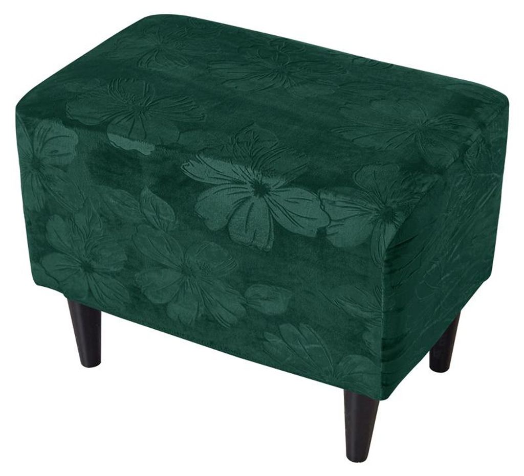 Hockerbezug / Poufbezug für Fußhocker und Pouf – Dunkelgrün, Premium Velours, Hibiskusblüten, weich, elastisch, passgenauer Schutzbezug