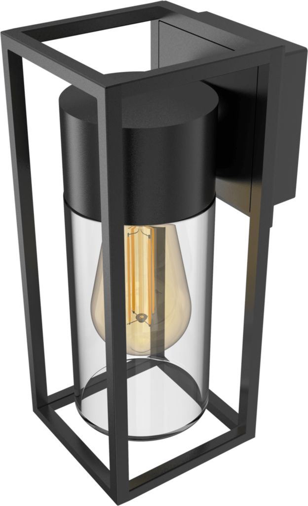 A black outdoor wall light with a clear glass cylinder and a gold-colored bulb, shown against a white background.