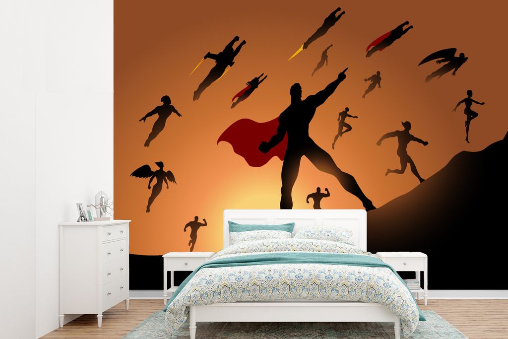 MuchoWow Fototapete für Wohnzimmer oder Schlafzimmer Wandtapete Vinyl Motivtapete Kinderillustration der Silhouetten von angreifenden Superhelde...