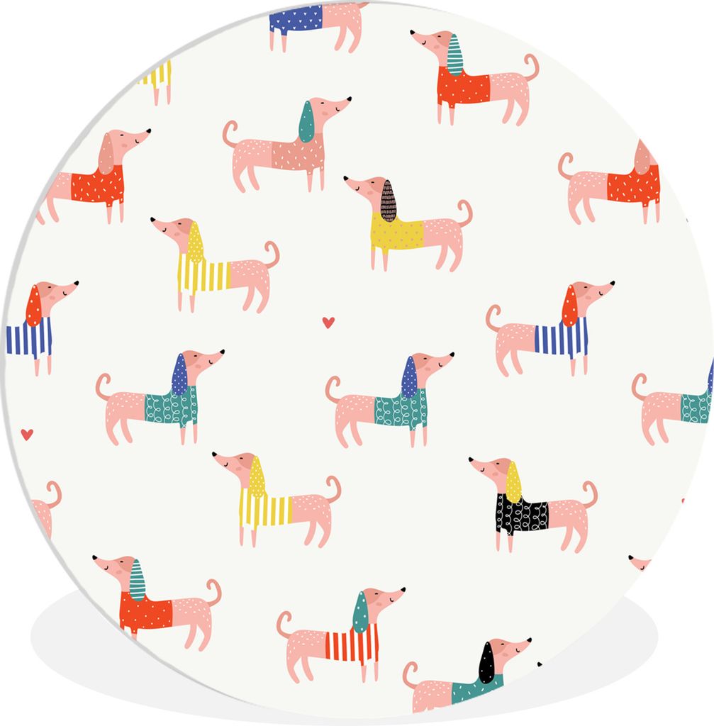 MuchoWow Rundes Wandbild - Runde Bilder Hund Illustration mit Dackel vor weißem Hintergrund Ø 90 cm Kreis Wanddekoration Kunststoff - Wandkreis...