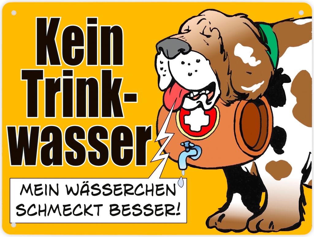 Kein Trinkwasser Metallschild XL in 21x28 cm in gelb mit Schweizer Alpenhund