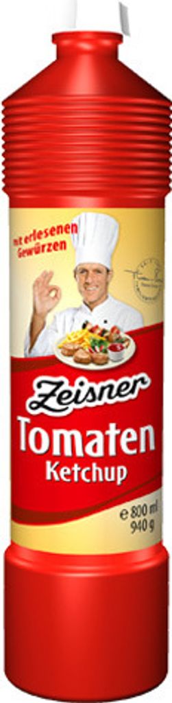 A bottle of Zeisner Tomaten Ketchup with a chef illustration.