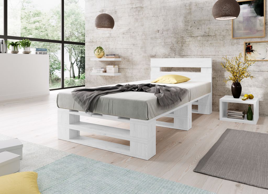 Lermowood Palettenbett M2 100 x 200 cm mit Kopfteil Weiß Holzbett Massivholzbett Bett aus Paletten Seniorenbett Kinderbett Jugendbett