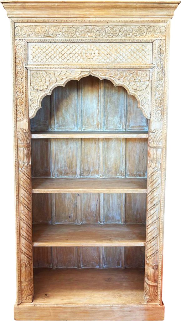 Handgeschnitztes Regal aus Teak Massivholz – 197 cm, Vintage Braun | Standregal für Wohnzimmer, Diele & Schlafzimmer | Offenes Bücherregal, Rau...