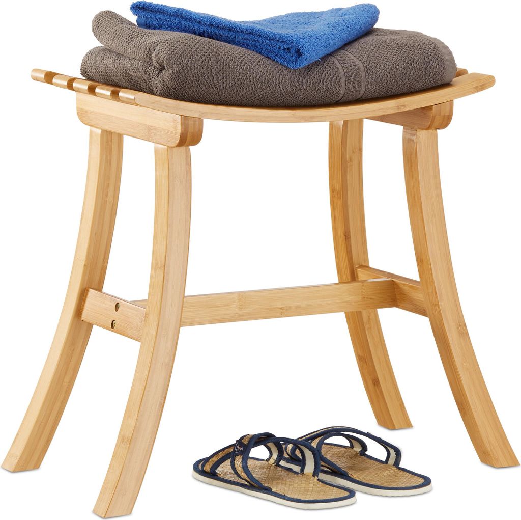 Relaxdays Hocker aus Bambus, elegant geschwungener Sitzhocker f. Garderobe, Holzhocker HxBxT: 48 x 56 x 28,5 cm, natur