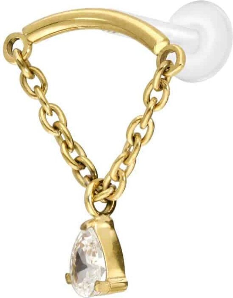 Ohrpiercing, Nasenpiercing PTFE Labret mit Innengewinde + Titan-Aufsatz BOGEN + KETTE + KRISTALLTROPFEN Gold Stablänge: 10mm | Stabstärke: 1,2mm
