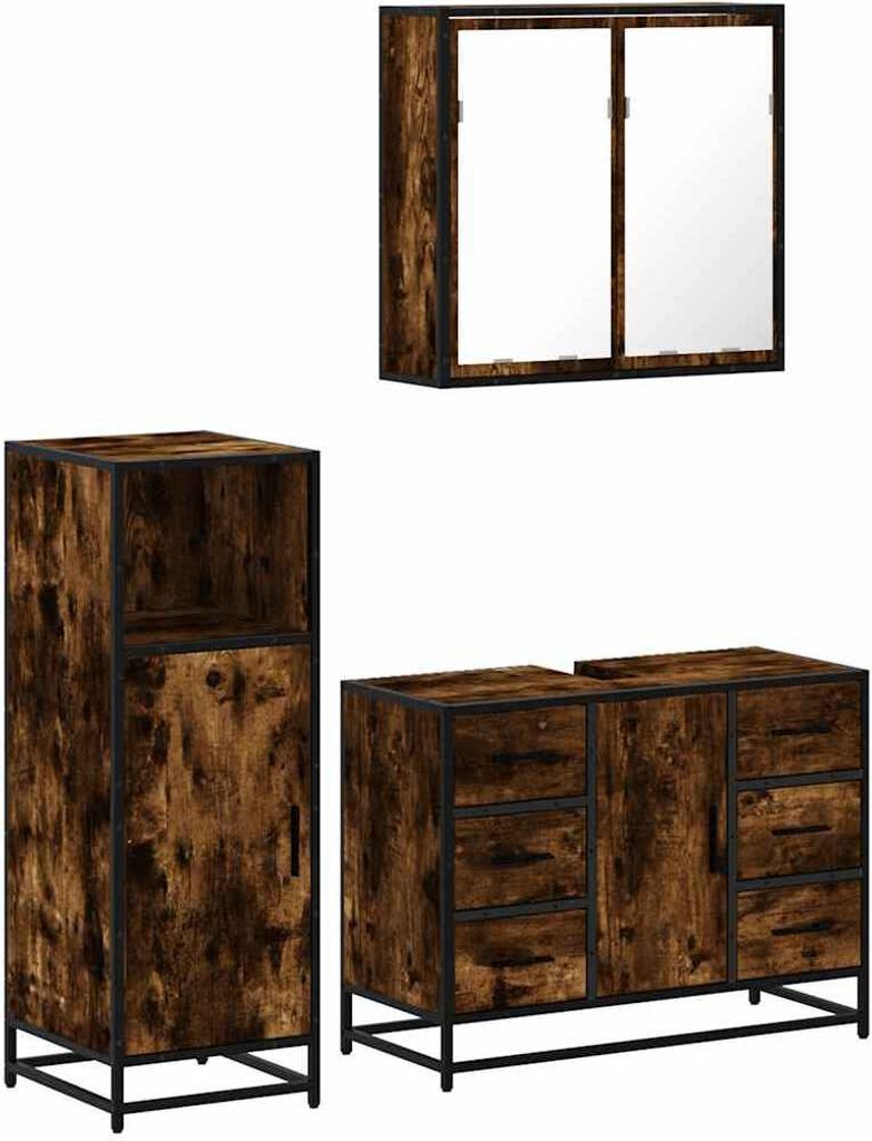 Best Möbel 3-tlg. Badmöbel-Set - Badezimmerschrank - Räuchereiche Holzwerkstoff - Badezimmer A3300962