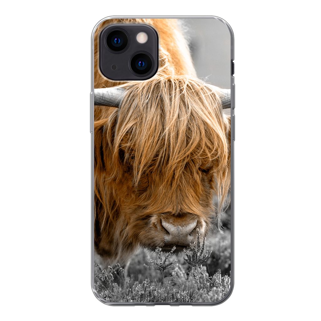 MuchoWow Handyhülle Schutzhülle Hülle für iPhone 13 mini Scottish Highlander - Pflanzen - Schwarz - Weiß Silikon Softcase Handy Hülle - Sof...