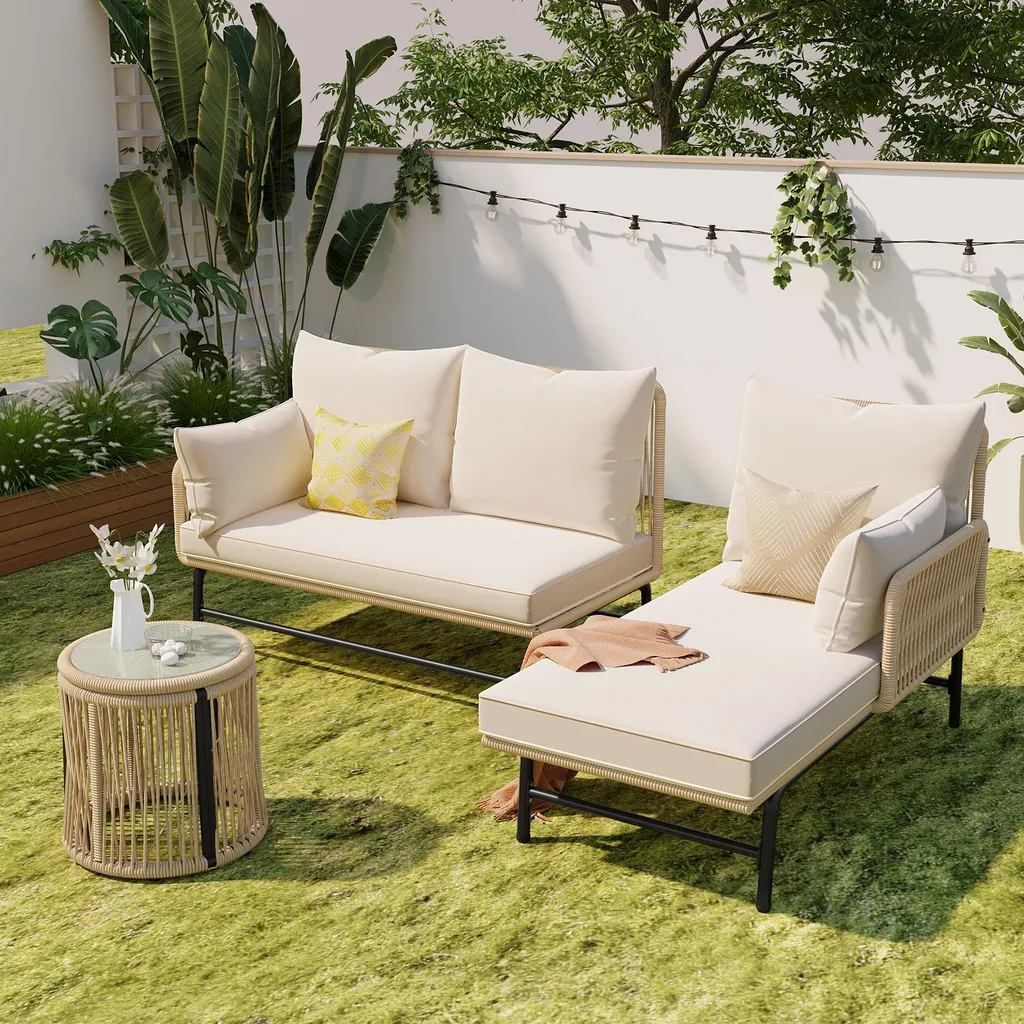 Mobilier de terrasse en corde et métal avec canapé et méridienne