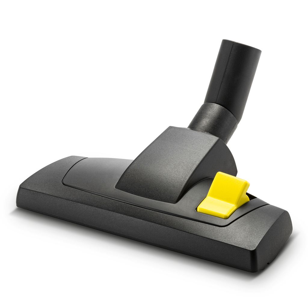 A black vacuum cleaner nozzle with a yellow lever is shown against a white background.