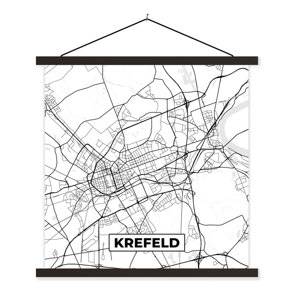 MuchoWow Textilposter Krelefeld - Karte - Stadtplan 90x90 cm mit schwarzem Rahmen - Magnetisches