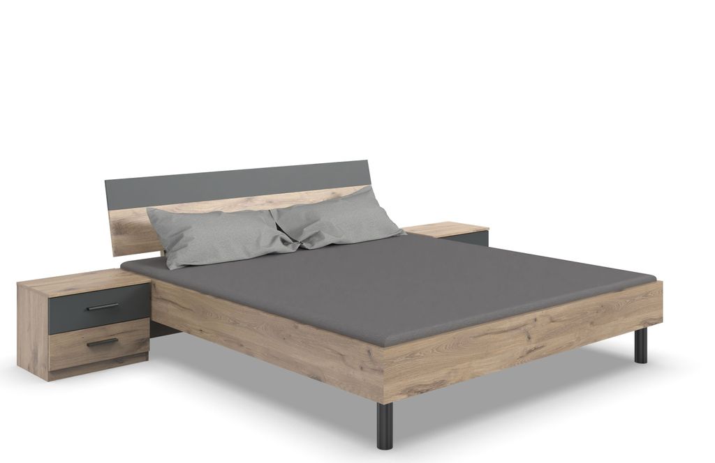 Bettanlage >Budapest< Liegefl. 180x200cm, Viking-oak-Nachbildung / Graphit 293x81x210cm (BxHxT)