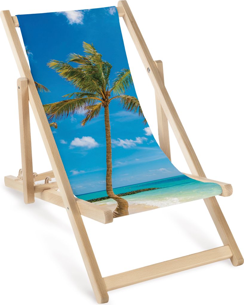 Kinder Liegestuhl klappbar aus Holz mit Palmen-Motiv – Kinder Klappstuhl Klappliege Sonnenstuhl Strandstuhl Gartenliege
