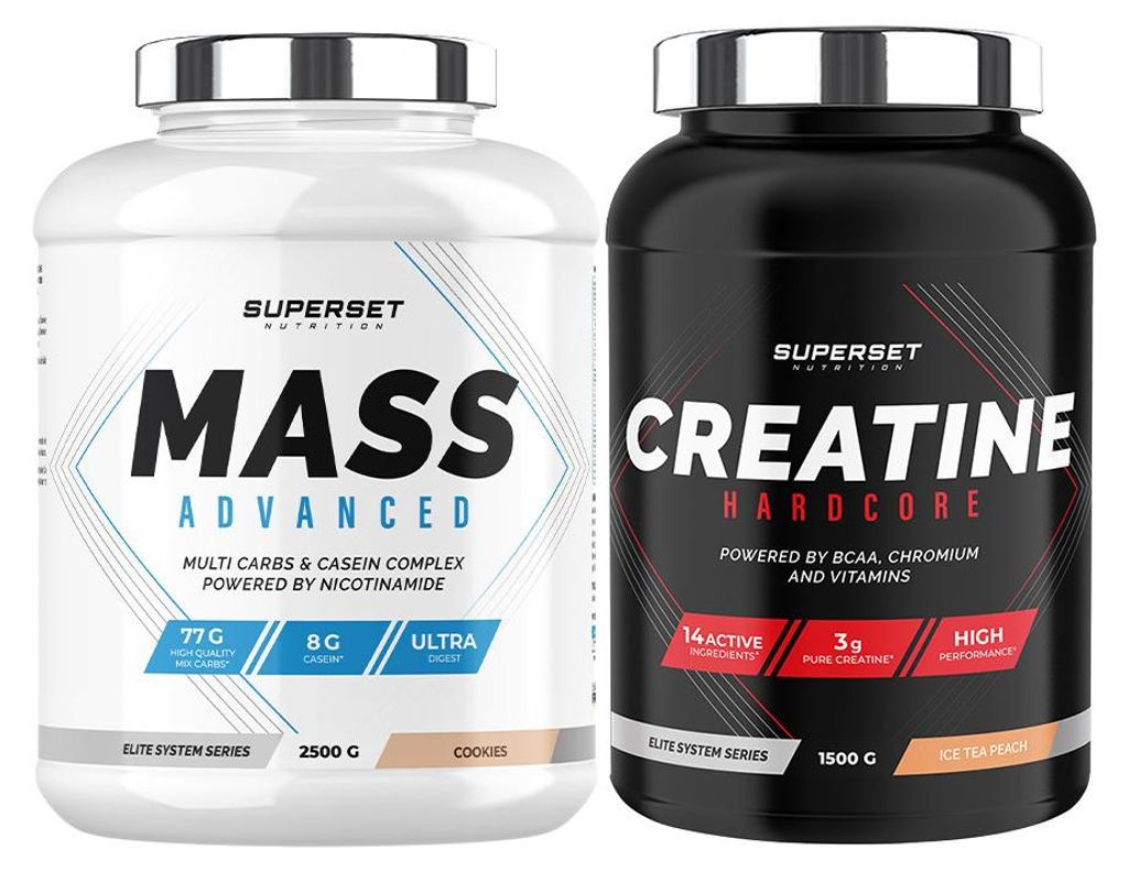 Fortgeschrittenes Masseaufbauprogramm - Mass Advanced 2,5kg Cookies - Kreatin Hardcore 1,5 kg Ice Tea Pfirsich