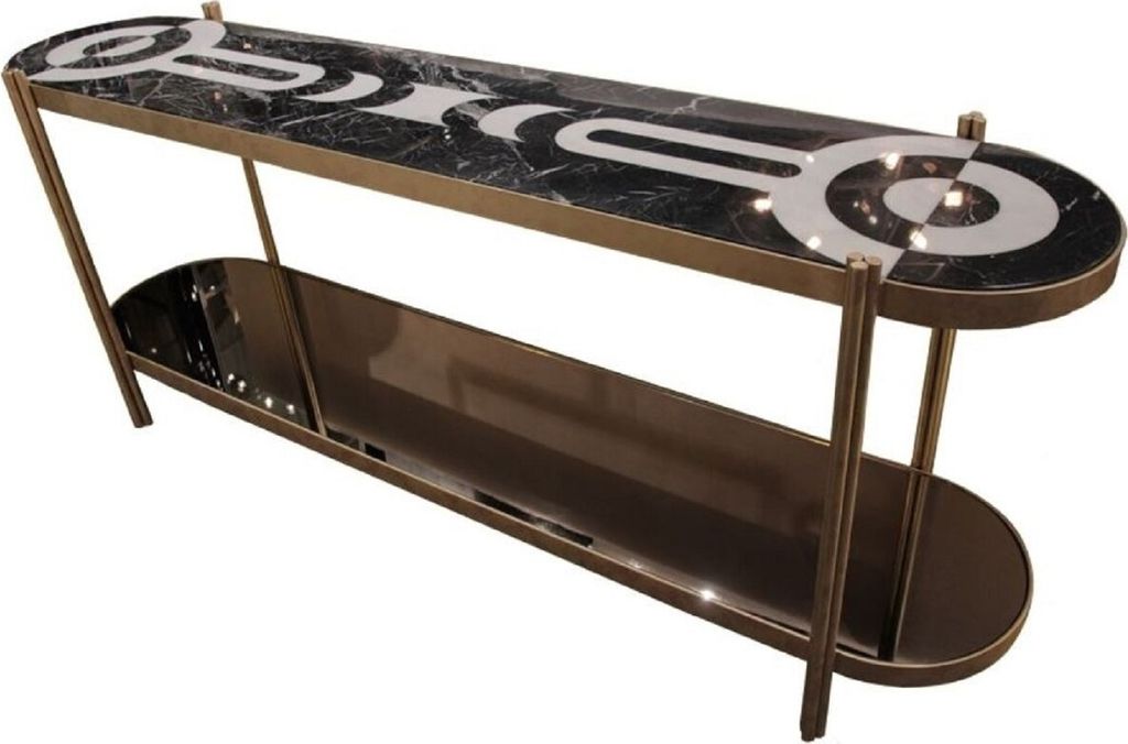 Casa Padrino Luxus Konsole Messingfarben / Schwarz / Weiß 220 x 45 x H. 85 cm - Konsolentisch mit Marmorplatte und Glasregal - Hotel Möbel - Luxu...