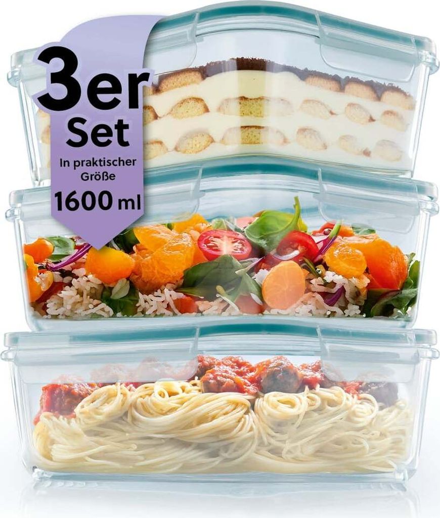 Three glass food storage containers stacked on top of each other, each filled with different food items.