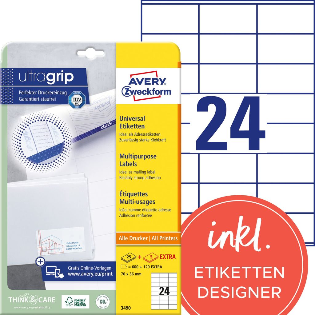 720 AVERY Zweckform štítky 3490 bílé 70,0 x 36,0 mm Obrázek produktu 