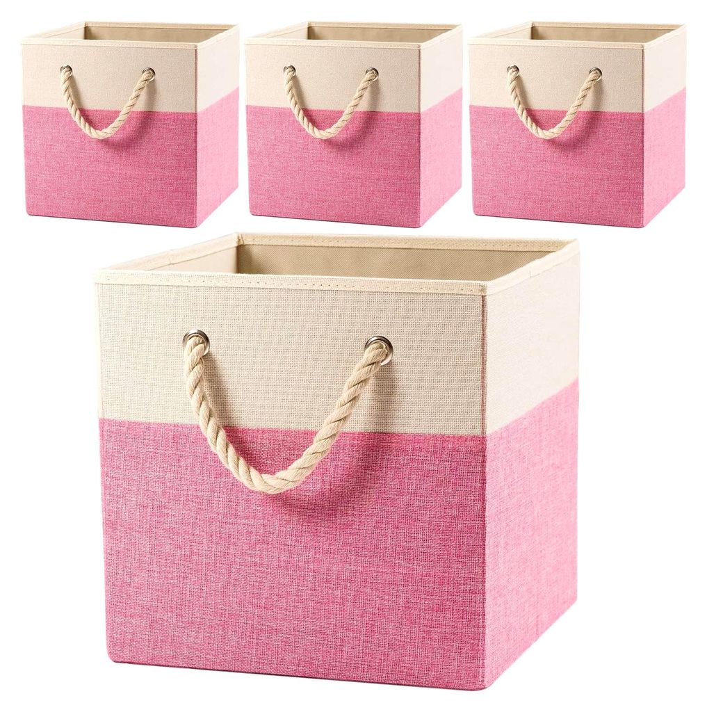 Große Aufbewahrungsbox, 33x33x33 cm, Faltbare Körbe mit Baumwollgriffen, Organizer für Regale, 4 Stück, Rosa