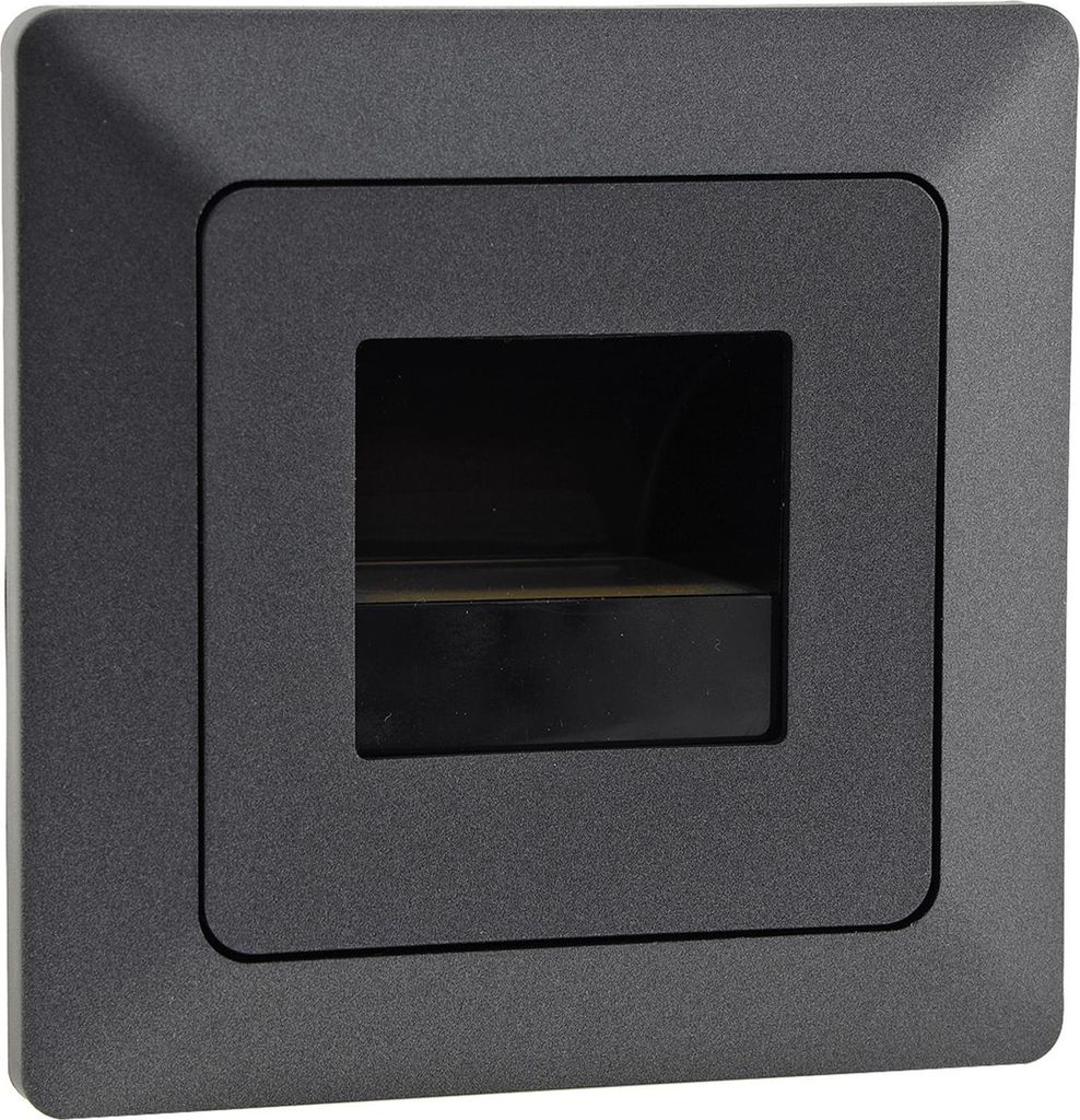 A close-up, front-facing view of a dark gray square LED recessed light fixture.