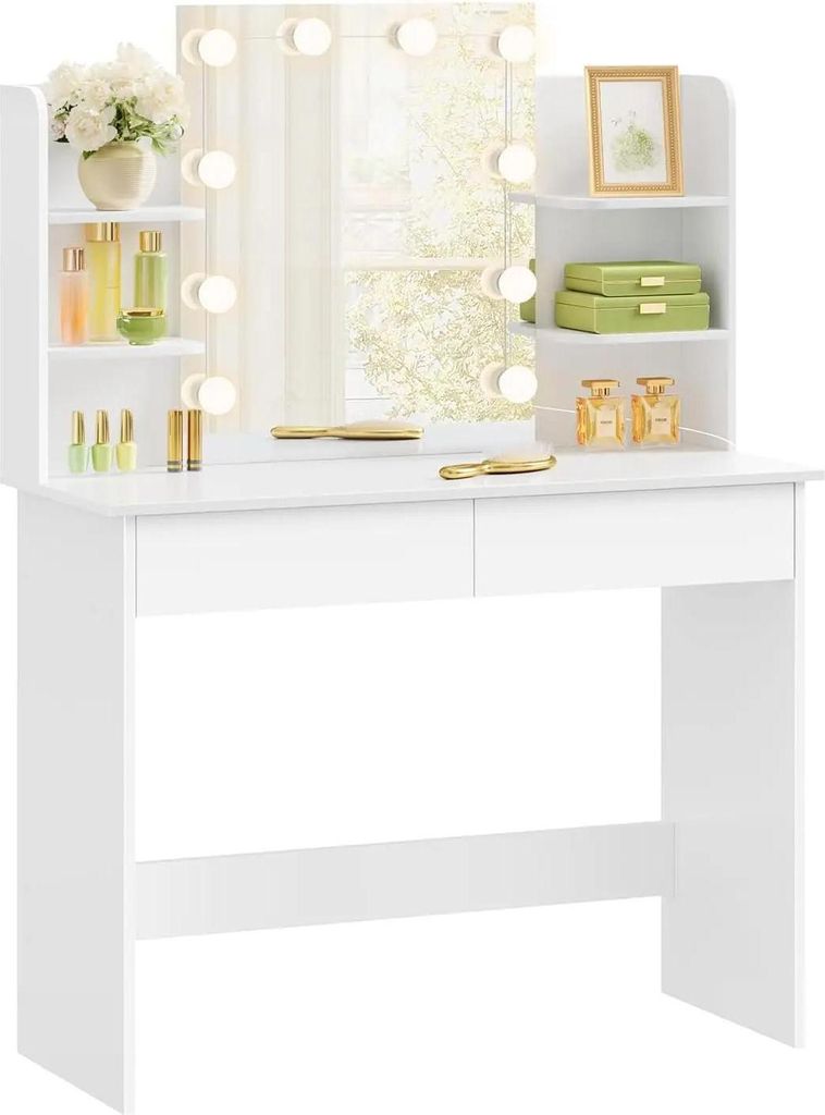 Schminktisch - Frisiertisch mit Spiegel - Dimmbarer LED-Beleuchtung - 2 Schubladen - 4 offene Regale - Holz - 90×135×40 cm - Weiß
