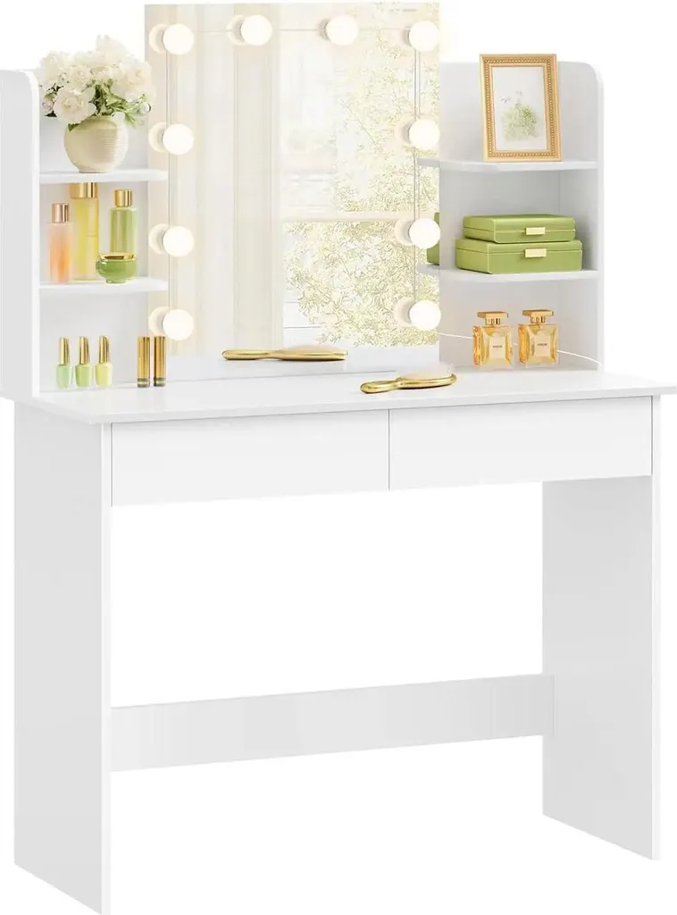 Table de maquillage blanche avec miroir lumineux LED et rangements