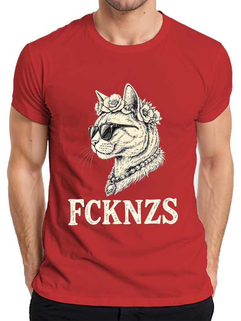 FCKNZS Katze Sonnenbrille Blumenkranz Retro Vintage Geschenk Herren T-Shirt, Rot, M