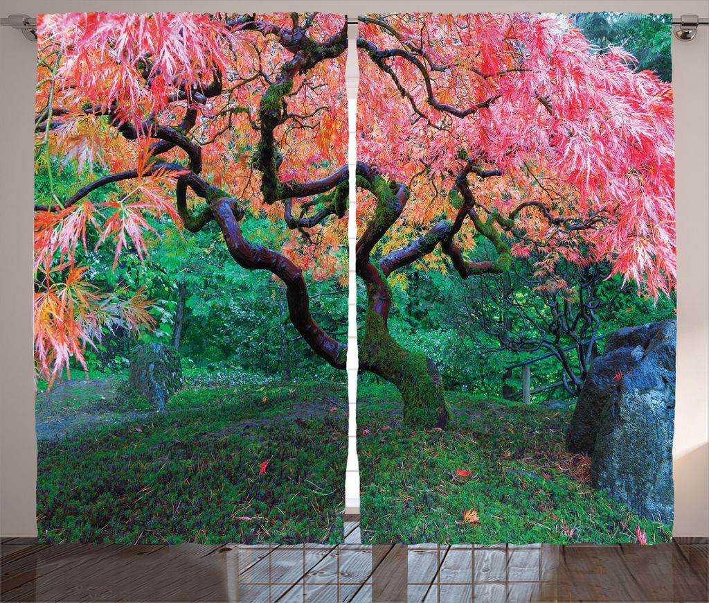 ABAKUHAUS Baum Rustikaler Gardine, Red Leaf Maple in Garten, Schlafzimmer Kräuselband Vorhang mit Schlaufen und Haken, 280 x 245 cm, Grün