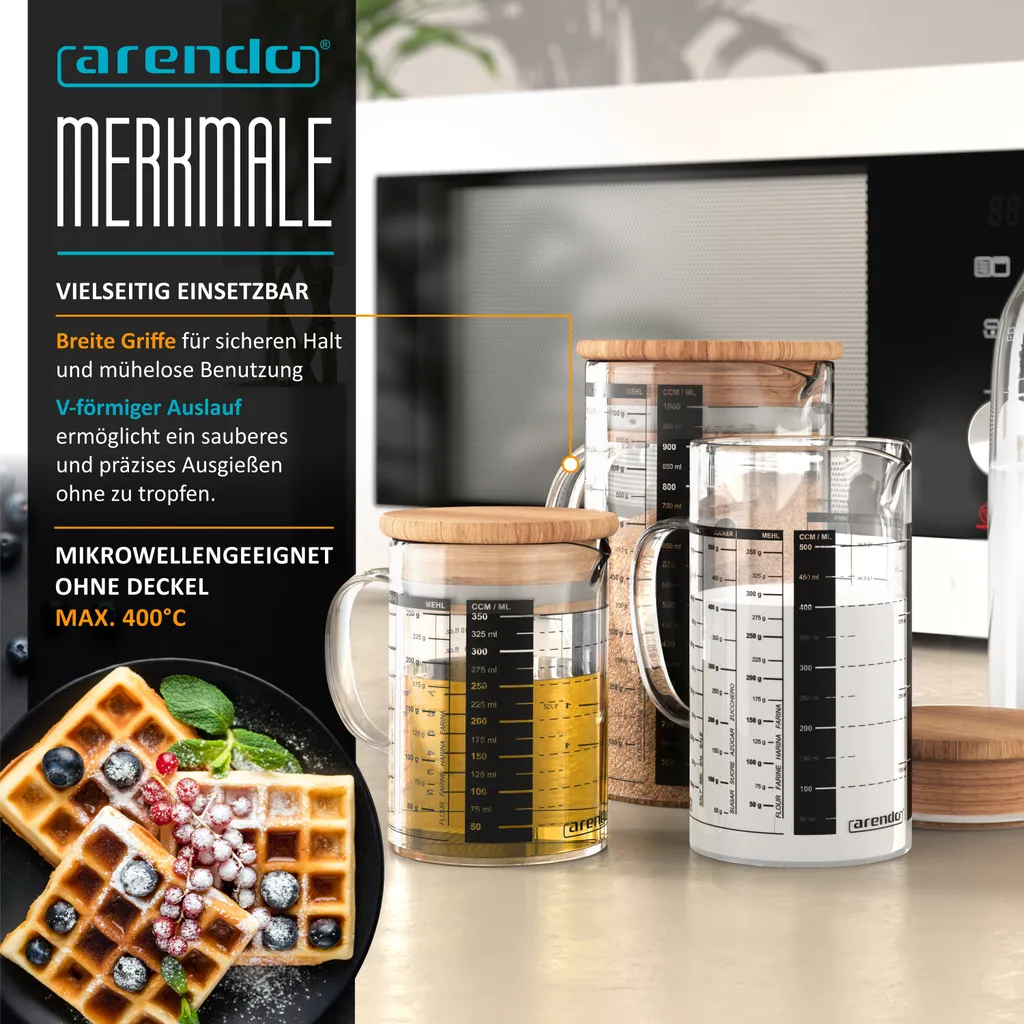 Arendo - Set di caraffe in vetro - misure 350ml, 500ml, 1000ml (0,35l 0,5l 1l) - caraffa dosatrice in vetro - vetro borosilicato - scala precisa - resistente al calore - contenitore in vetro con coperchio in bambù - guarnizione in silicone - 5