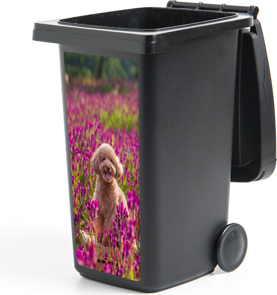 MuchoWow Mülltonnenaufkleber Hund - Blumen - Lavendel - Frühling 44x98 cm - Containeraufkleber - Aufkleber - Mülltonnen-Aufkleber