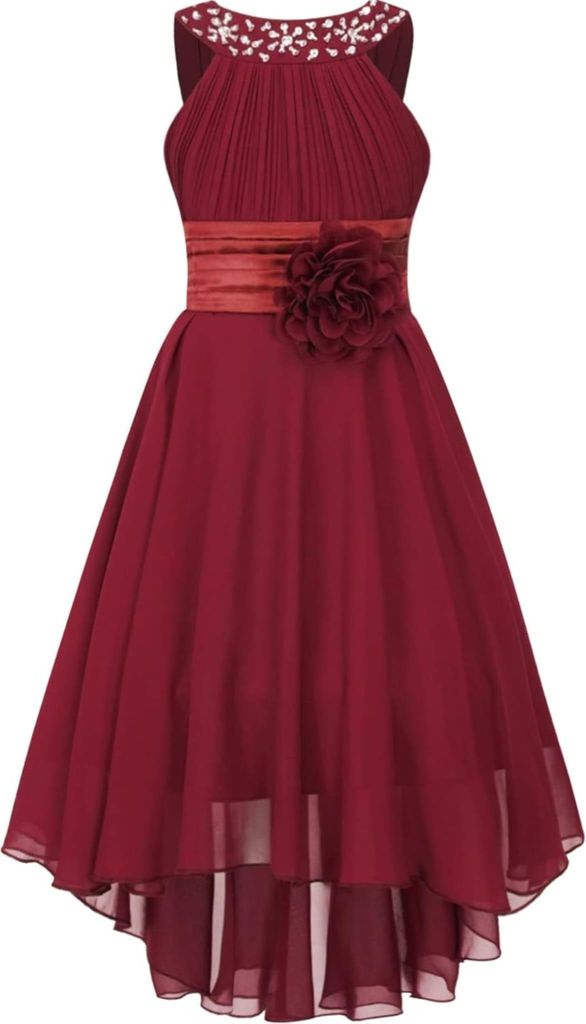 Mädchen Partykleid Gr. 128 cm – Festliches Chiffon Kleid mit Strasssteine, Schleife & Plissee – Perfekt für Hochzeit, Taufe & besondere Anlässe