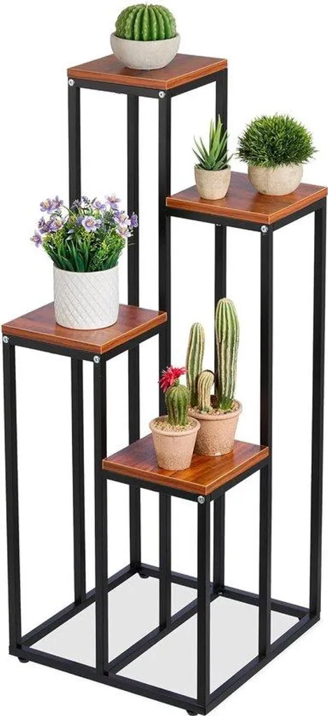 Support de fleurs intérieur 4 étages en métal et bois, style industriel