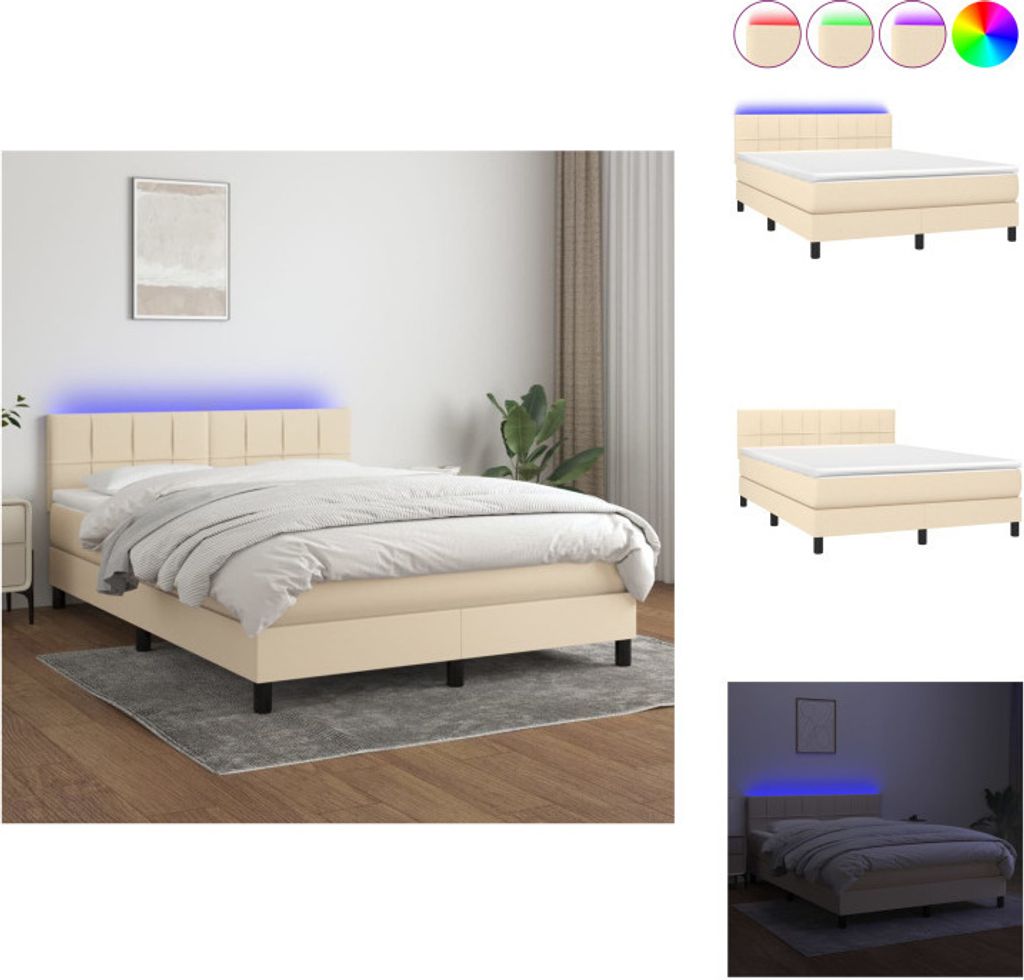 vidaXL Boxspringbett mit Matratze & LED Creme 140x200 cm Stoff - Betten & Bettgestelle