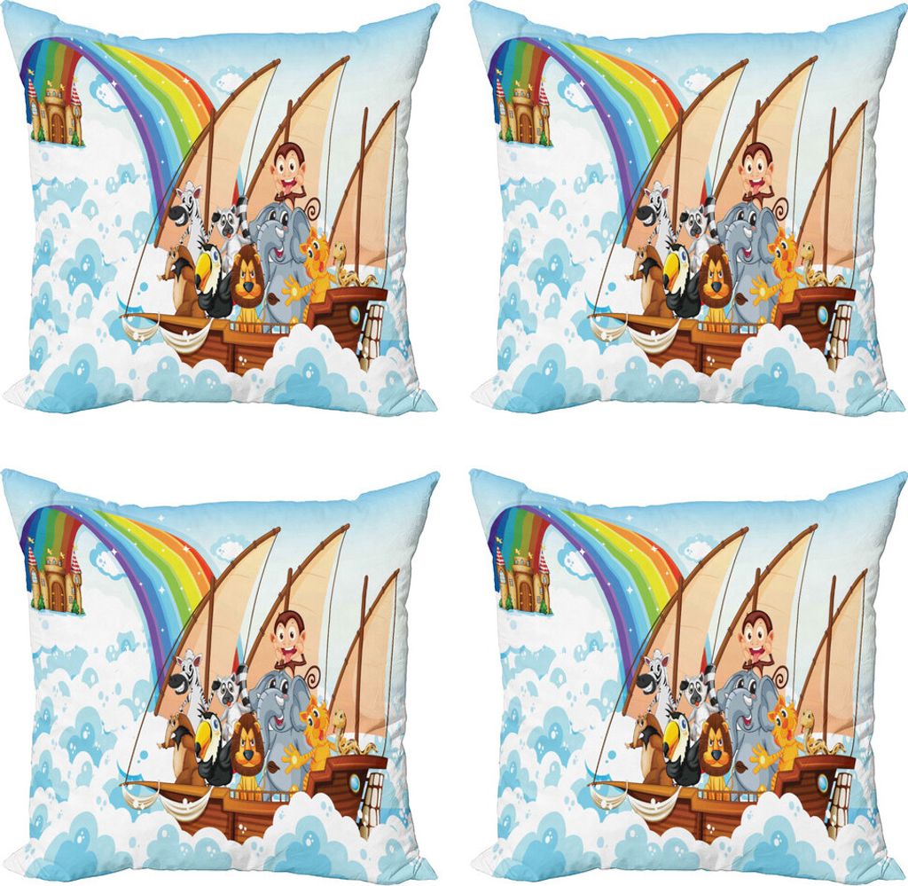 ABAKUHAUS Kinder Kissenbezug Set (4 Stück), Boot in den Wolken Entwurf, Moderner Doppelseitiger Digitaldruck, 45 cm x 45 cm, Mehrfarbig