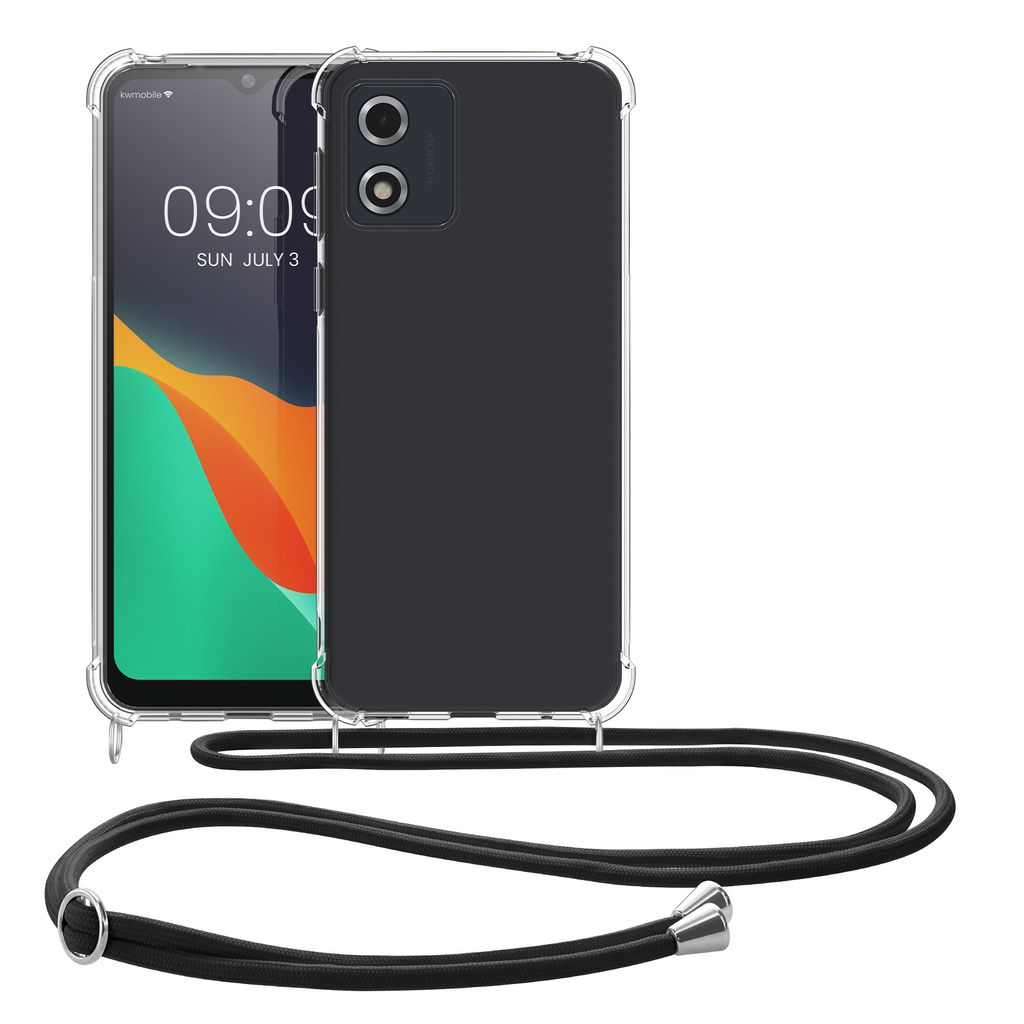 kwmobile Necklace Case kompatibel mit Motorola Moto E13 Hülle - Silikon Cover mit Handykette - Band Handyhülle Schwarz Transparent