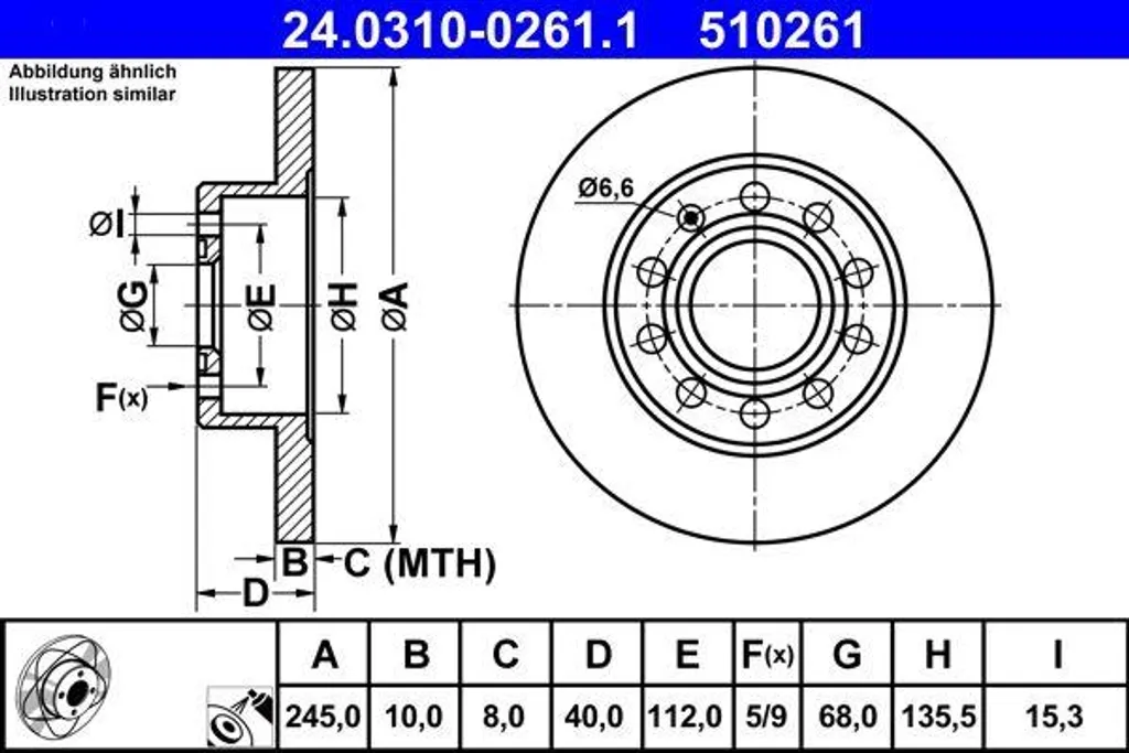 Disque de frein ATE 255mm - Compatible 8E0615601P Audi A4 Seat Exeo
