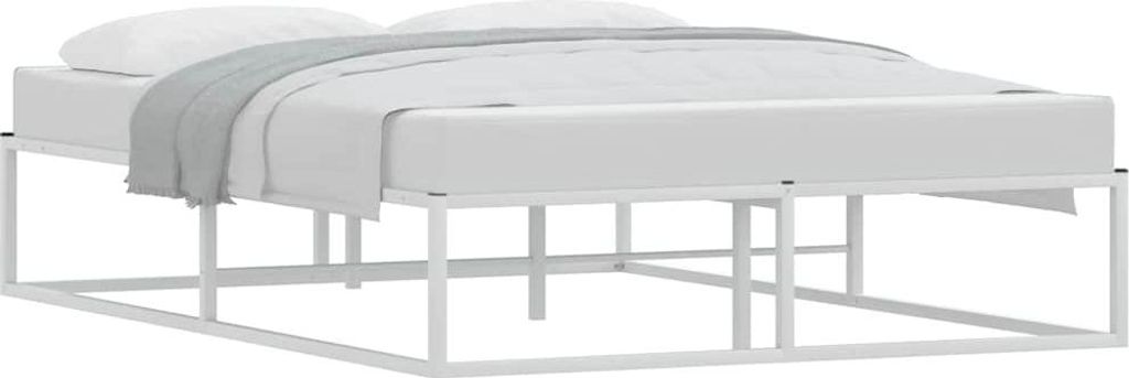 A white metal bed frame with a mattress and a grey blanket.