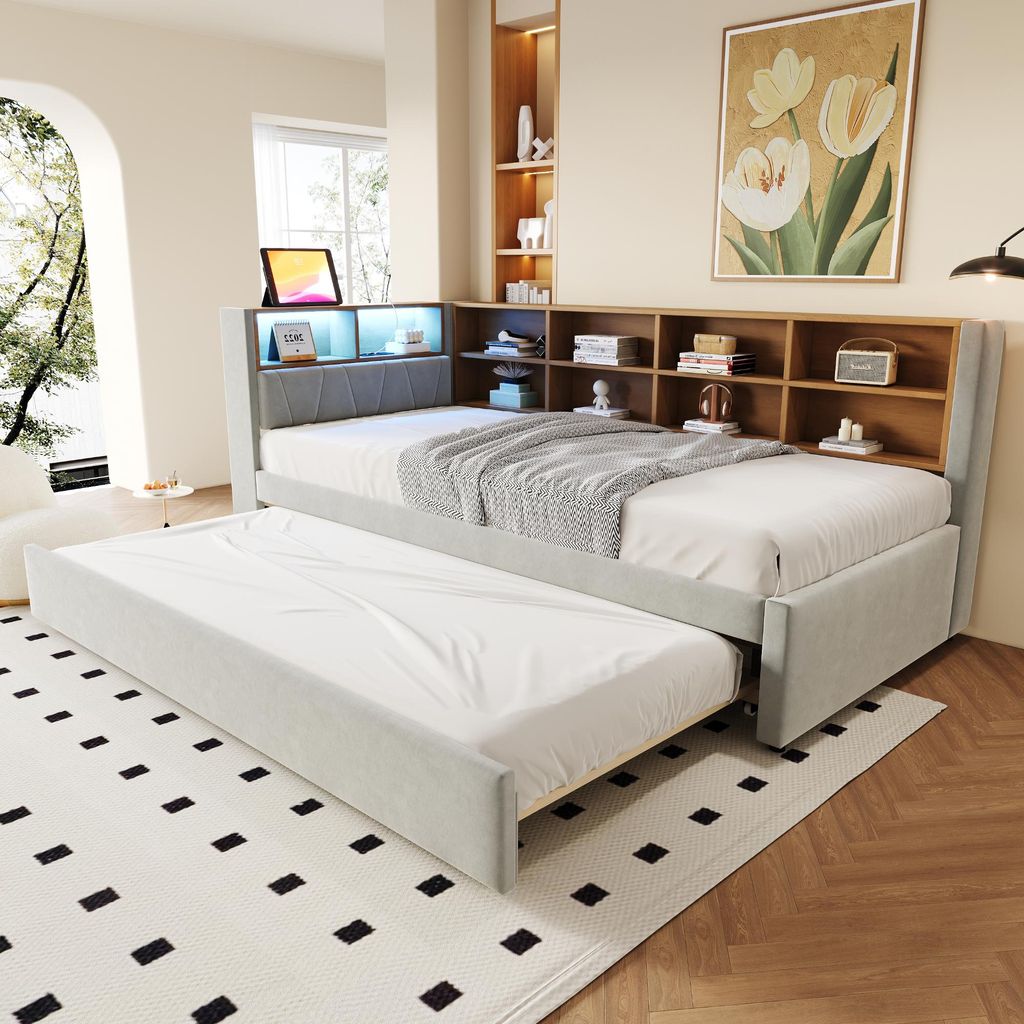 Sweiko Schlafsofa 90x200, Ausziehbett 90x190, ausgestattet mit LED Leuchten, Steckdosen und vielen Ablagefächern, Polsterbett, Multifunktionsschla...