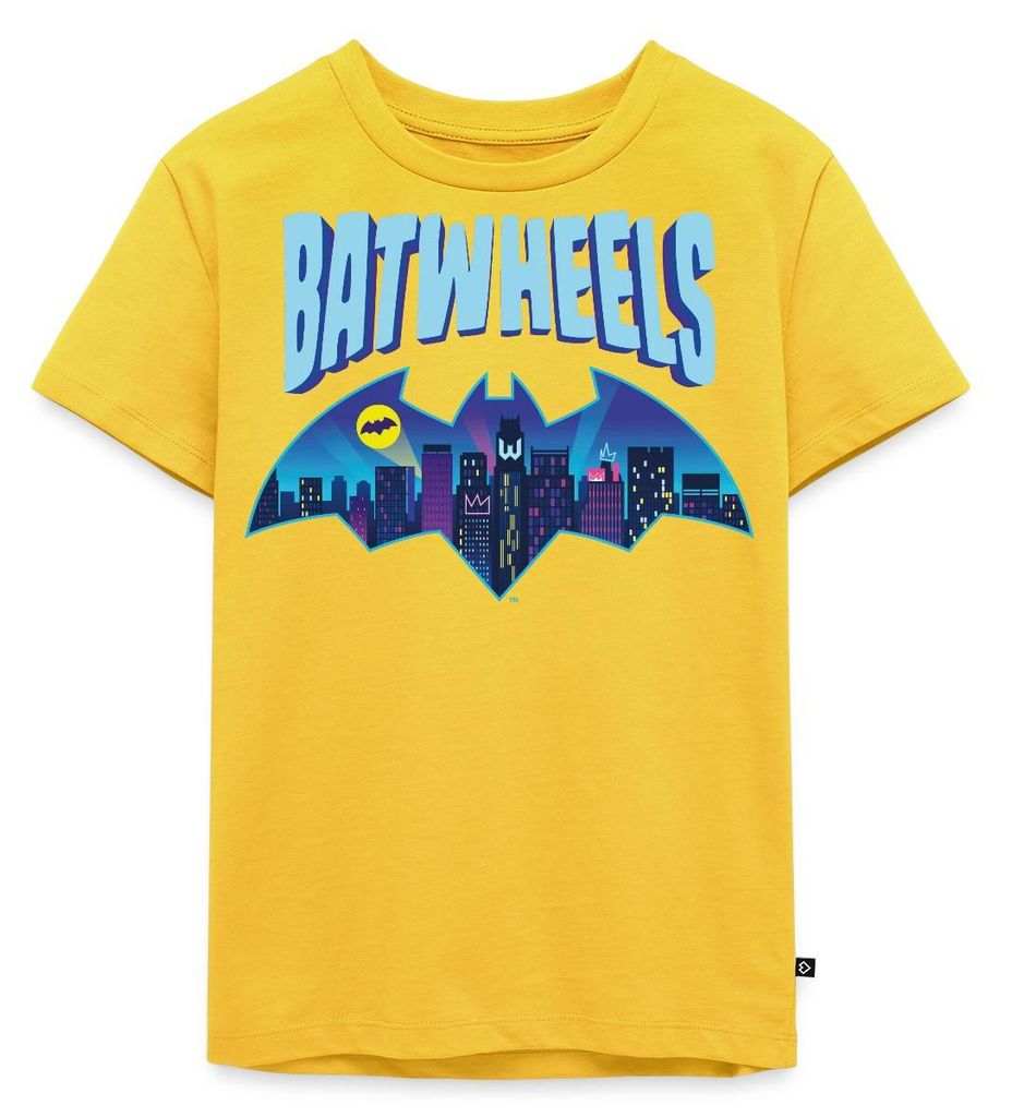 Spreadshirt Batwheels Batman-Symbol Mit Skyline Von Gotham Kinder Premium T-Shirt, 110/116 (4 Jahre), Sonnengelb